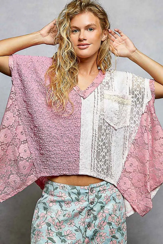 POL Asymmetrical V - Neck Short Sleeve Lace Top - Bitsy Gypsy Boutique
