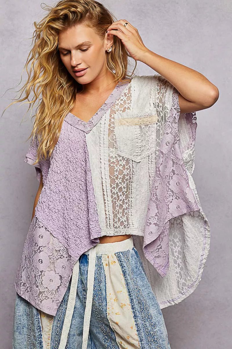 POL Asymmetrical V - Neck Short Sleeve Lace Top - Bitsy Gypsy Boutique