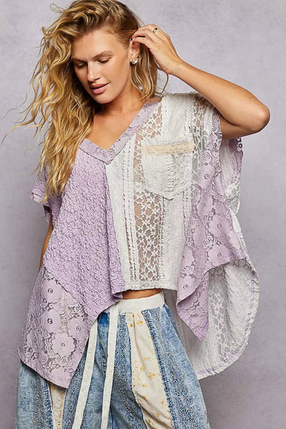 POL Asymmetrical V - Neck Short Sleeve Lace Top - Bitsy Gypsy Boutique