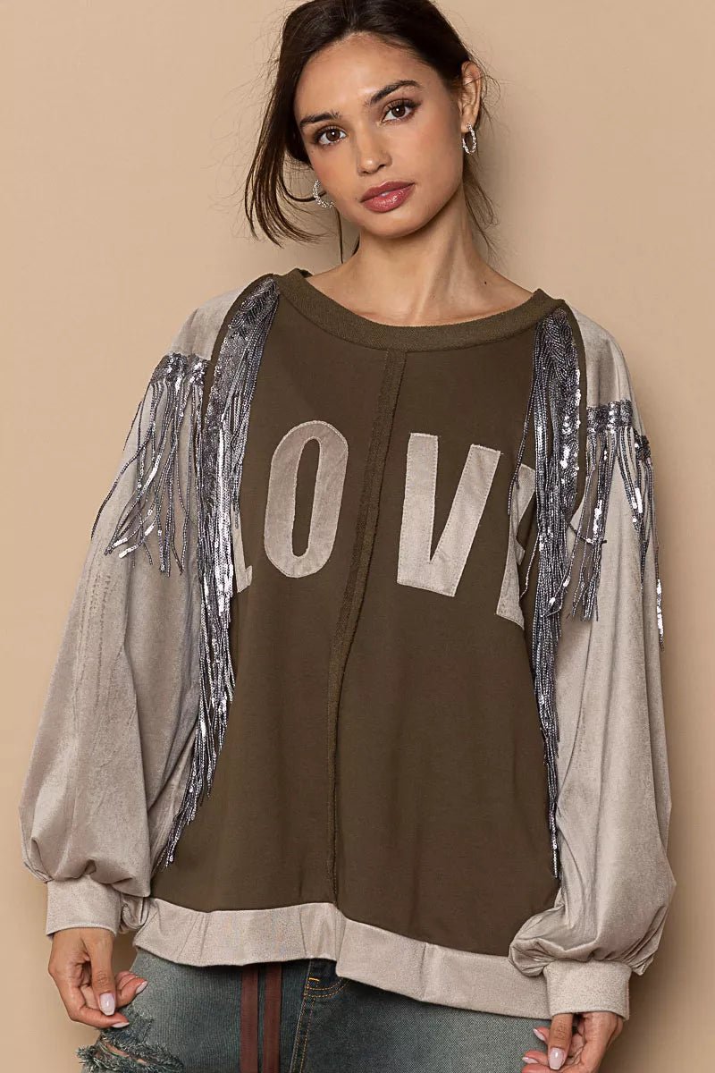 POL Balloon Sleeve French Terry Sweatshirt with Sequin Tassel - Bitsy Gypsy Boutique