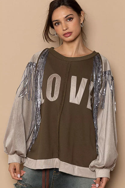 POL Balloon Sleeve French Terry Sweatshirt with Sequin Tassel - Bitsy Gypsy Boutique