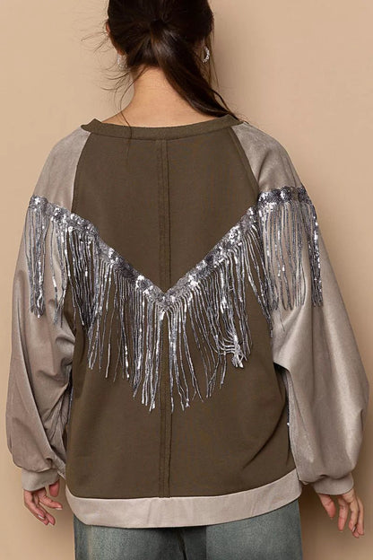 POL Balloon Sleeve French Terry Sweatshirt with Sequin Tassel - Bitsy Gypsy Boutique