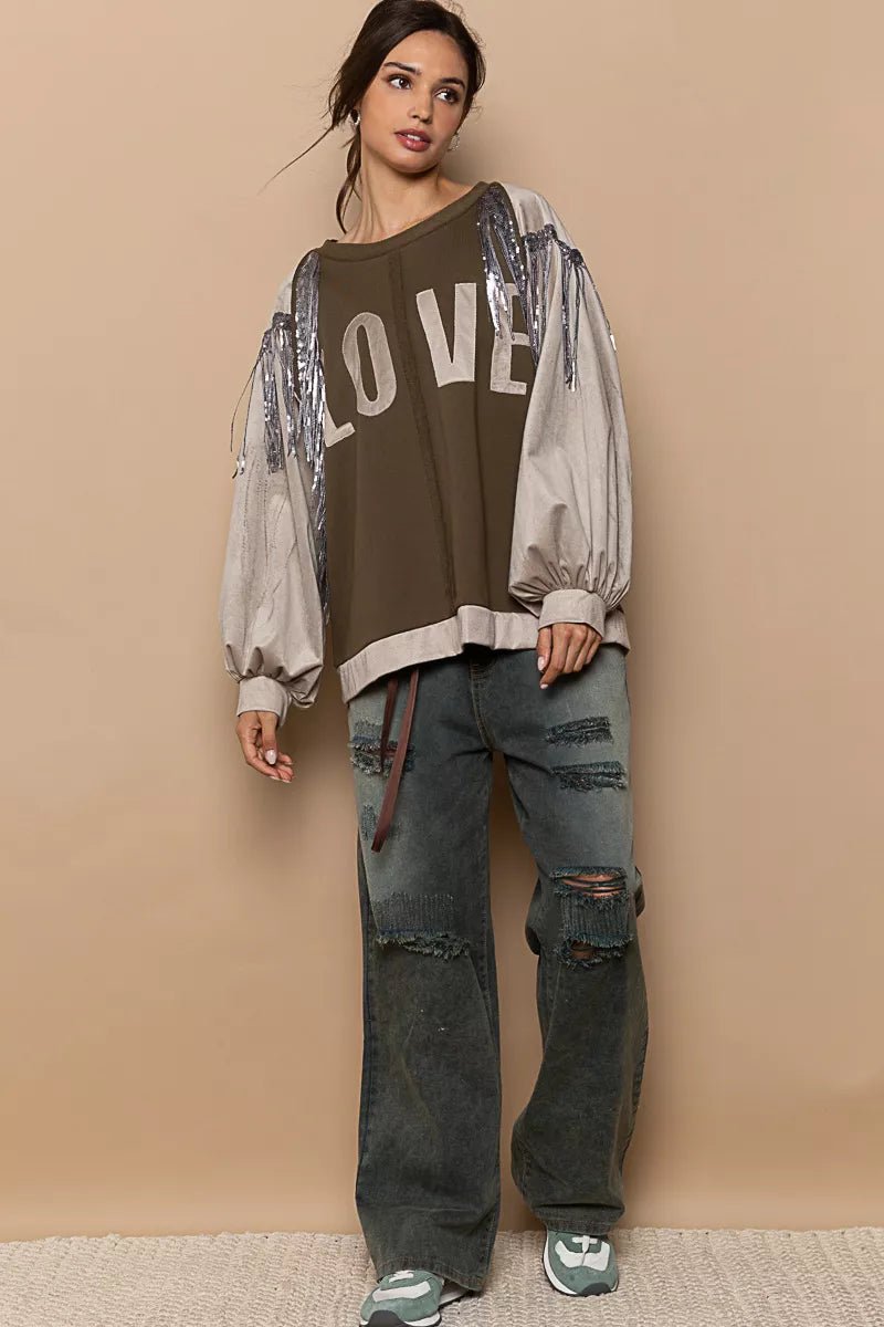 POL Balloon Sleeve French Terry Sweatshirt with Sequin Tassel - Bitsy Gypsy Boutique