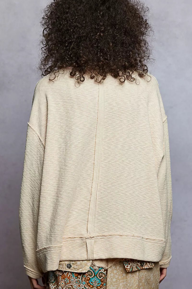 POL Balloon Sleeve Oversized Ribbed Top with Floral Pattern Contrast - Bitsy Gypsy Boutique