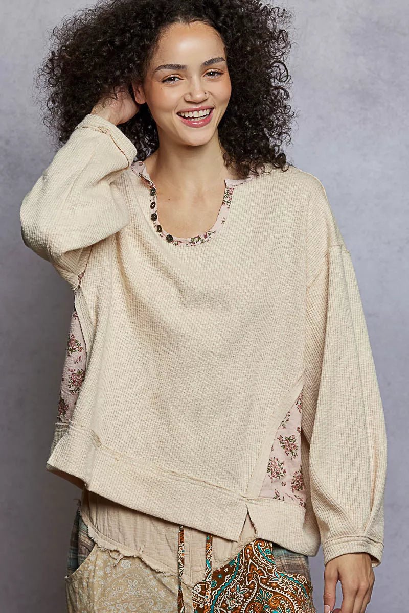POL Balloon Sleeve Oversized Ribbed Top with Floral Pattern Contrast - Bitsy Gypsy Boutique