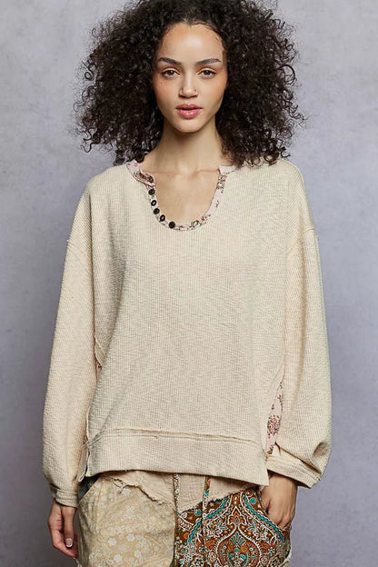 POL Balloon Sleeve Oversized Ribbed Top with Floral Pattern Contrast - Bitsy Gypsy Boutique