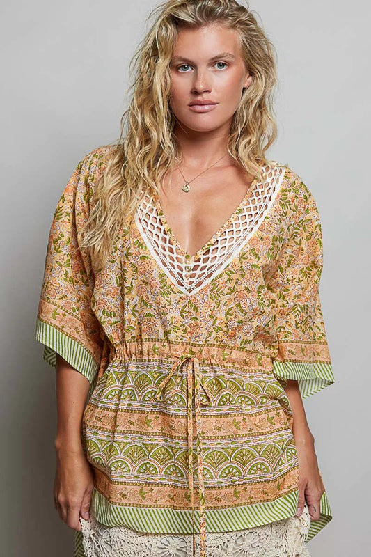POL Block Print Floral Tie Front Boho Blouse - Bitsy Gypsy Boutique