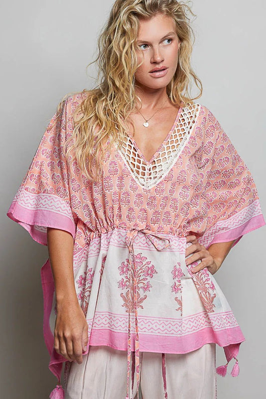 POL Block Print Floral Tie Front Boho Blouse - Bitsy Gypsy Boutique