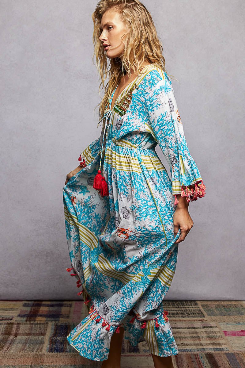 POL Bohemian Print Tassel Trim Maxi Dress - Bitsy Gypsy Boutique