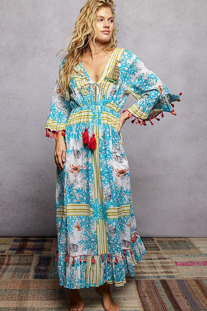 POL Bohemian Print Tassel Trim Maxi Dress - Bitsy Gypsy Boutique
