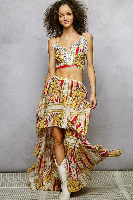 POL Boho Chic Floral Print Crop Top and High - Low Skirt Set - Bitsy Gypsy Boutique