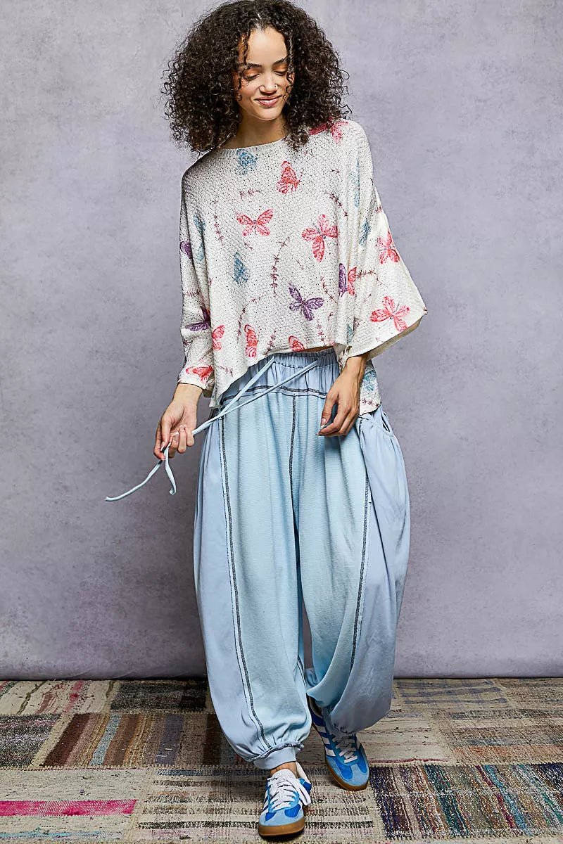 POL Butterflies Pattern Round Neck knit Top with Outseam Rolling Edge - Bitsy Gypsy Boutique