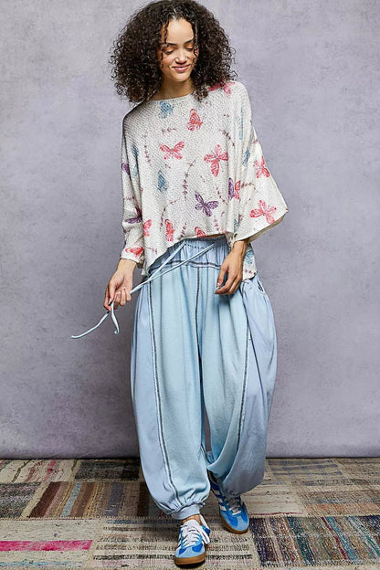 POL Butterflies Pattern Round Neck knit Top with Outseam Rolling Edge - Bitsy Gypsy Boutique