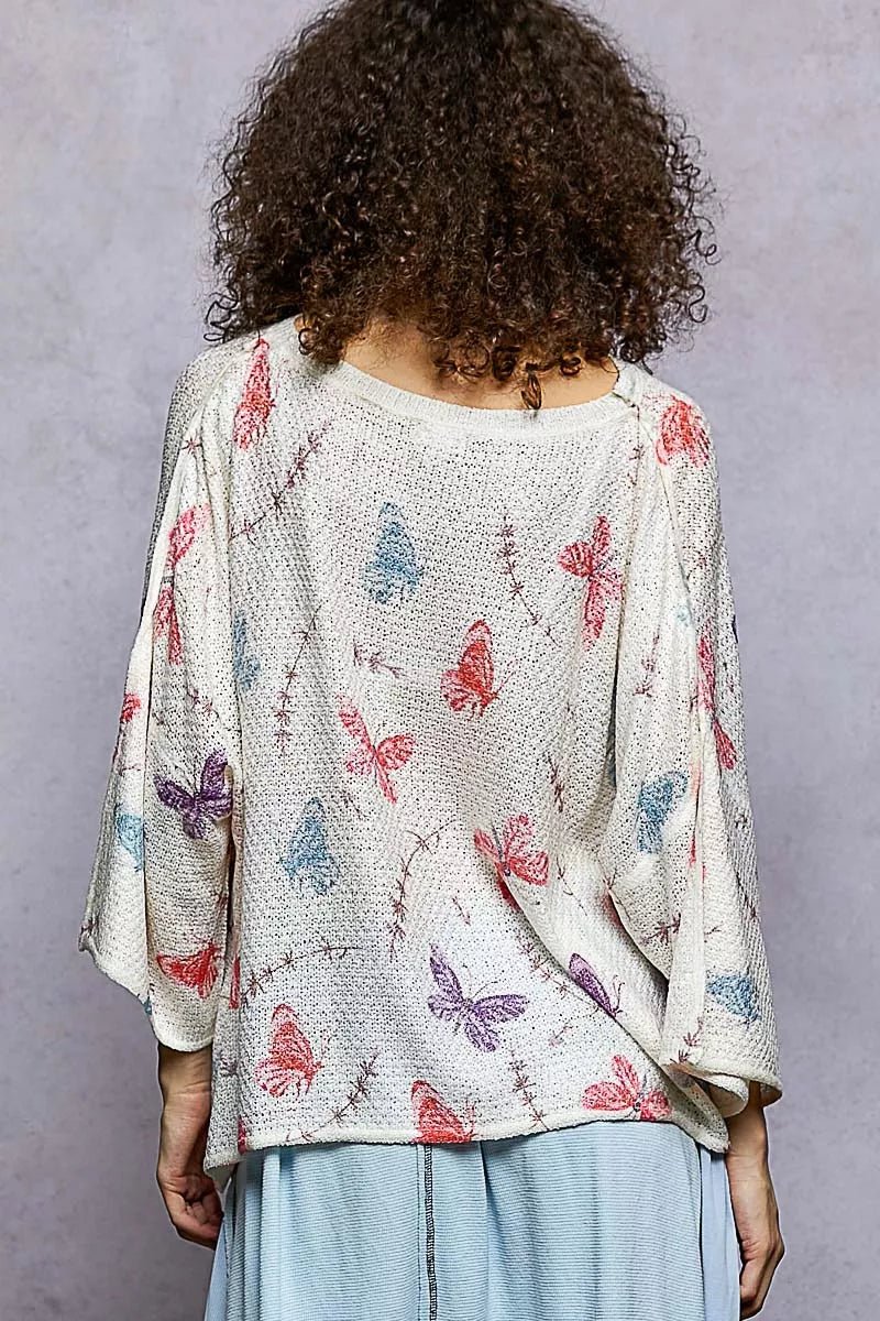POL Butterflies Pattern Round Neck knit Top with Outseam Rolling Edge - Bitsy Gypsy Boutique