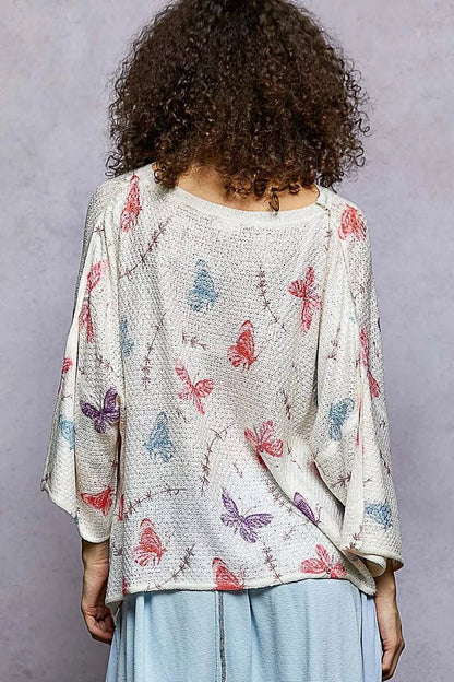 POL Butterflies Pattern Round Neck knit Top with Outseam Rolling Edge - Bitsy Gypsy Boutique