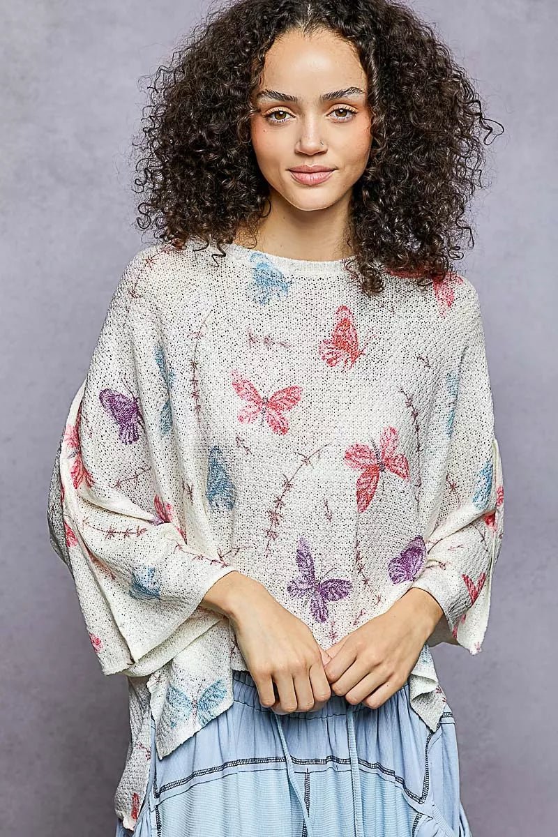 POL Butterflies Pattern Round Neck knit Top with Outseam Rolling Edge - Bitsy Gypsy Boutique