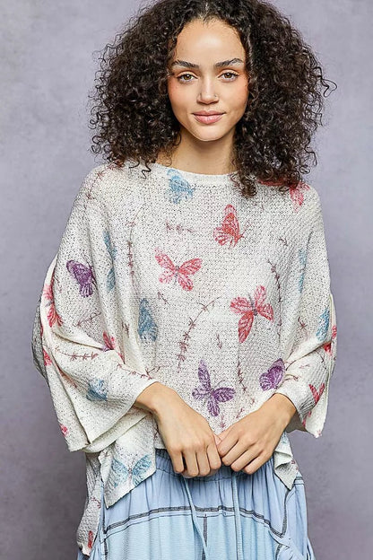 POL Butterflies Pattern Round Neck knit Top with Outseam Rolling Edge - Bitsy Gypsy Boutique