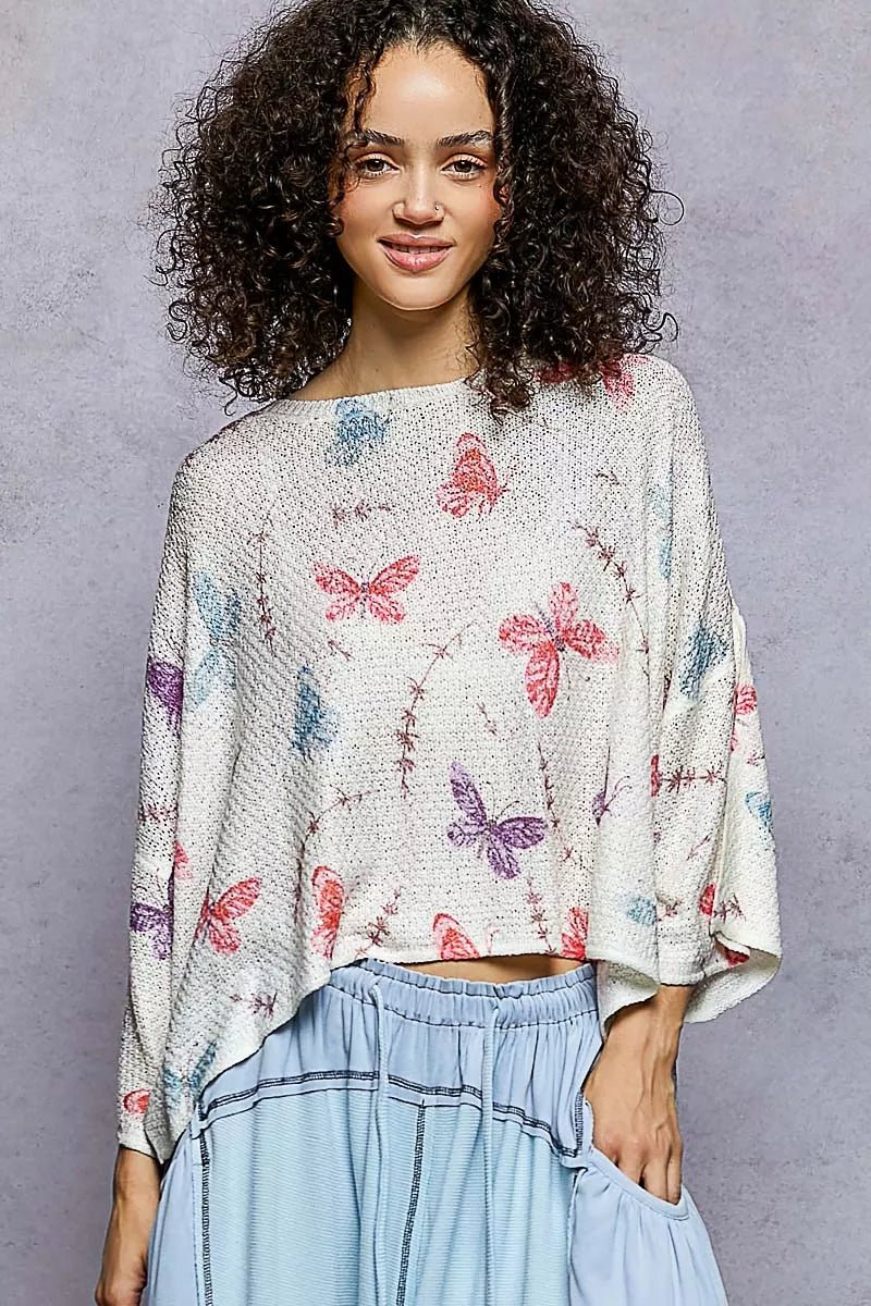 POL Butterflies Pattern Round Neck knit Top with Outseam Rolling Edge - Bitsy Gypsy Boutique
