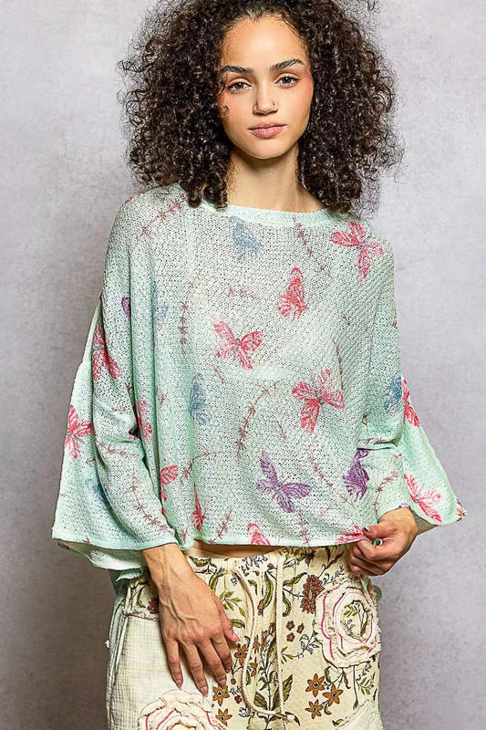 POL Butterflies Pattern Round Neck knit Top with Outseam Rolling Edge - Bitsy Gypsy Boutique