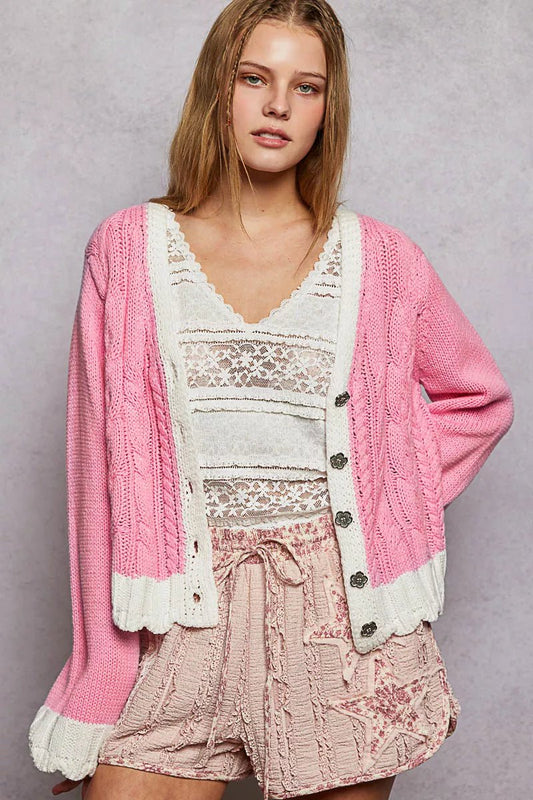 POL Button Down Cable - Knit Cardigan with Contrast Border Accents - Bitsy Gypsy Boutique