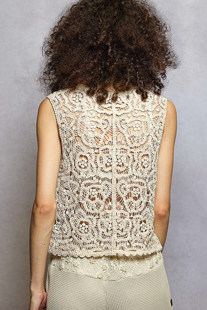POL Button Down Cropped Crochet Vest with Scalloped Edge - Bitsy Gypsy Boutique