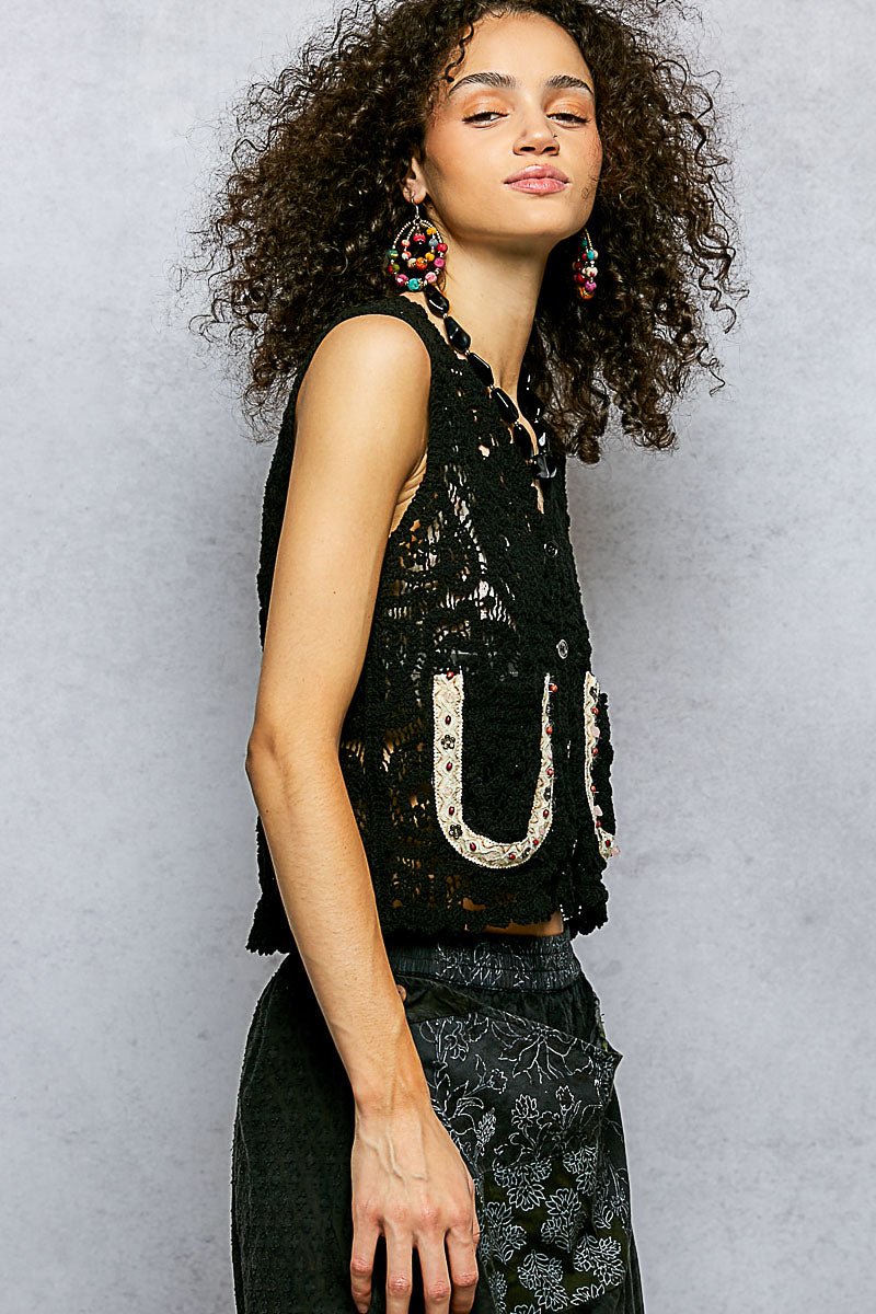 POL Button Down Cropped Crochet Vest with Scalloped Edge - Bitsy Gypsy Boutique