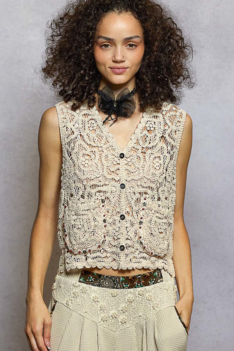 POL Button Down Cropped Crochet Vest with Scalloped Edge - Bitsy Gypsy Boutique