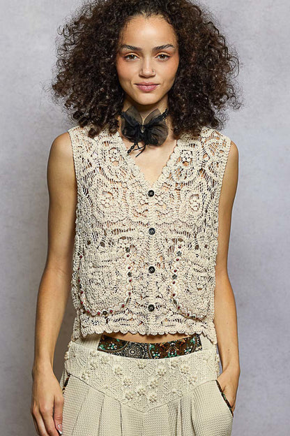 POL Button Down Cropped Crochet Vest with Scalloped Edge - Bitsy Gypsy Boutique