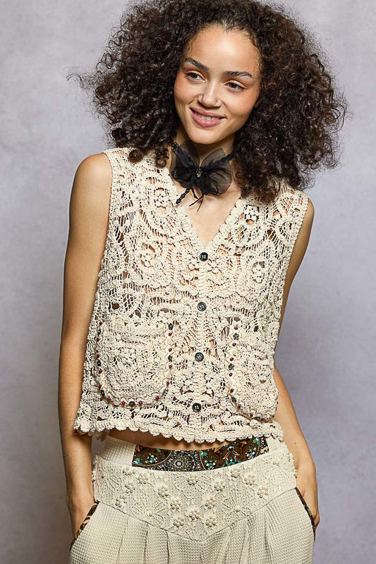 POL Button Down Cropped Crochet Vest with Scalloped Edge - Bitsy Gypsy Boutique