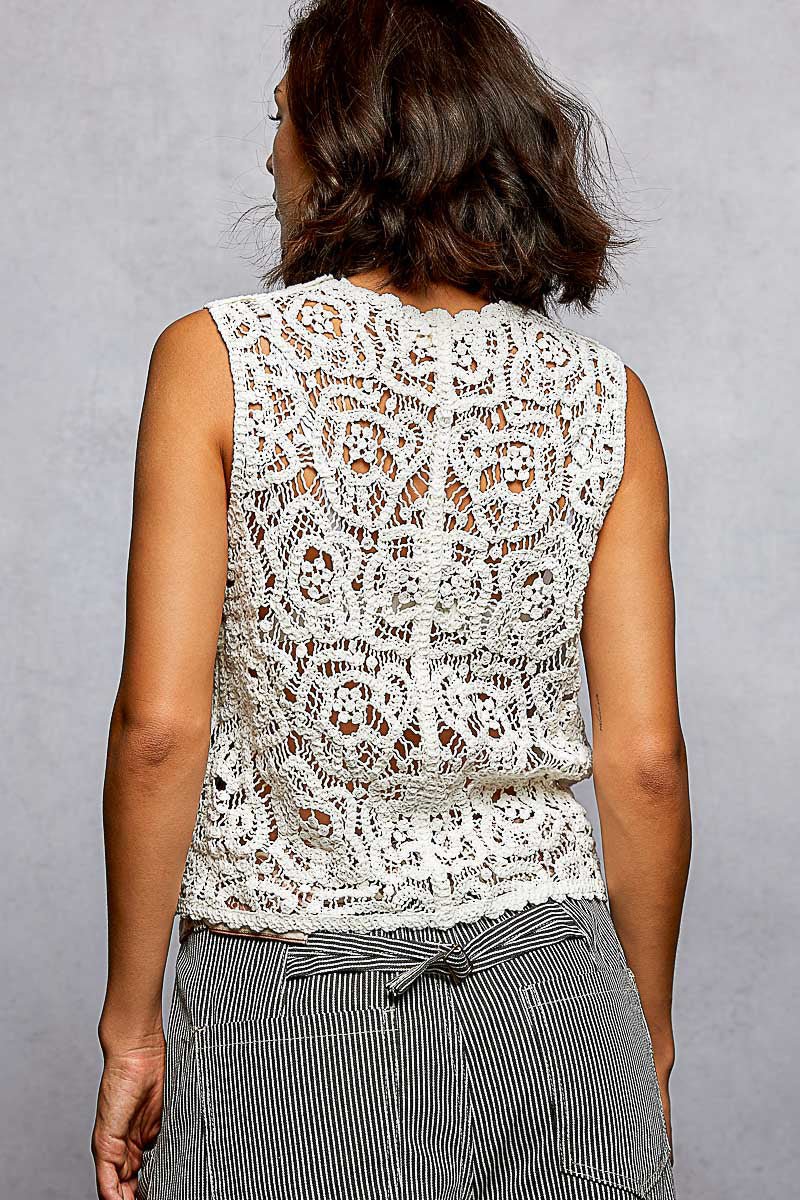 POL Button Down Cropped Crochet Vest with Scalloped Edge - Bitsy Gypsy Boutique