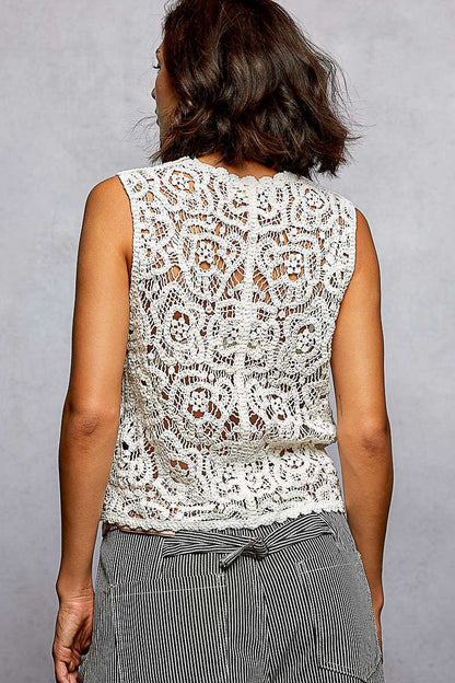 POL Button Down Cropped Crochet Vest with Scalloped Edge - Bitsy Gypsy Boutique