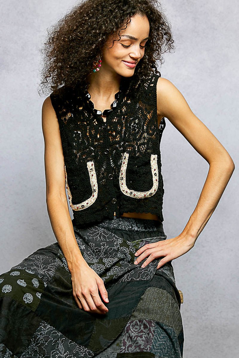 POL Button Down Cropped Crochet Vest with Scalloped Edge - Bitsy Gypsy Boutique