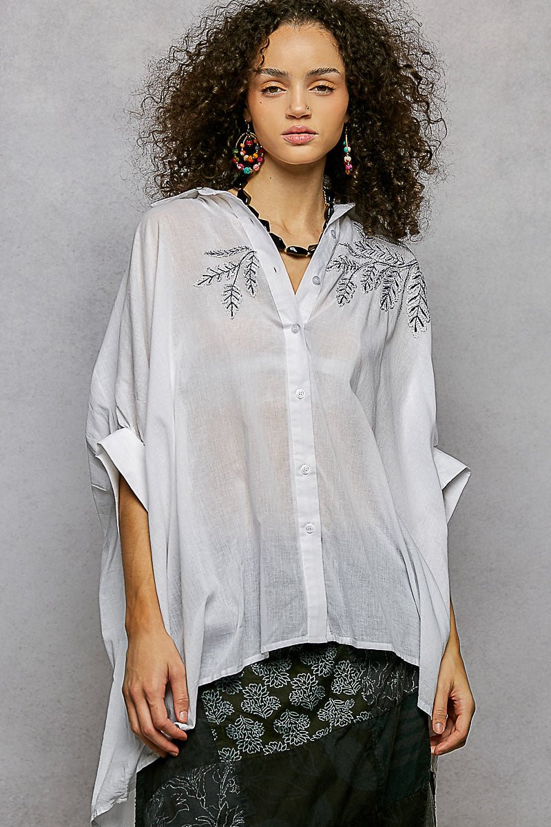 POL Button Down Embroidered Floral High - Low Hem Shirt - Bitsy Gypsy Boutique