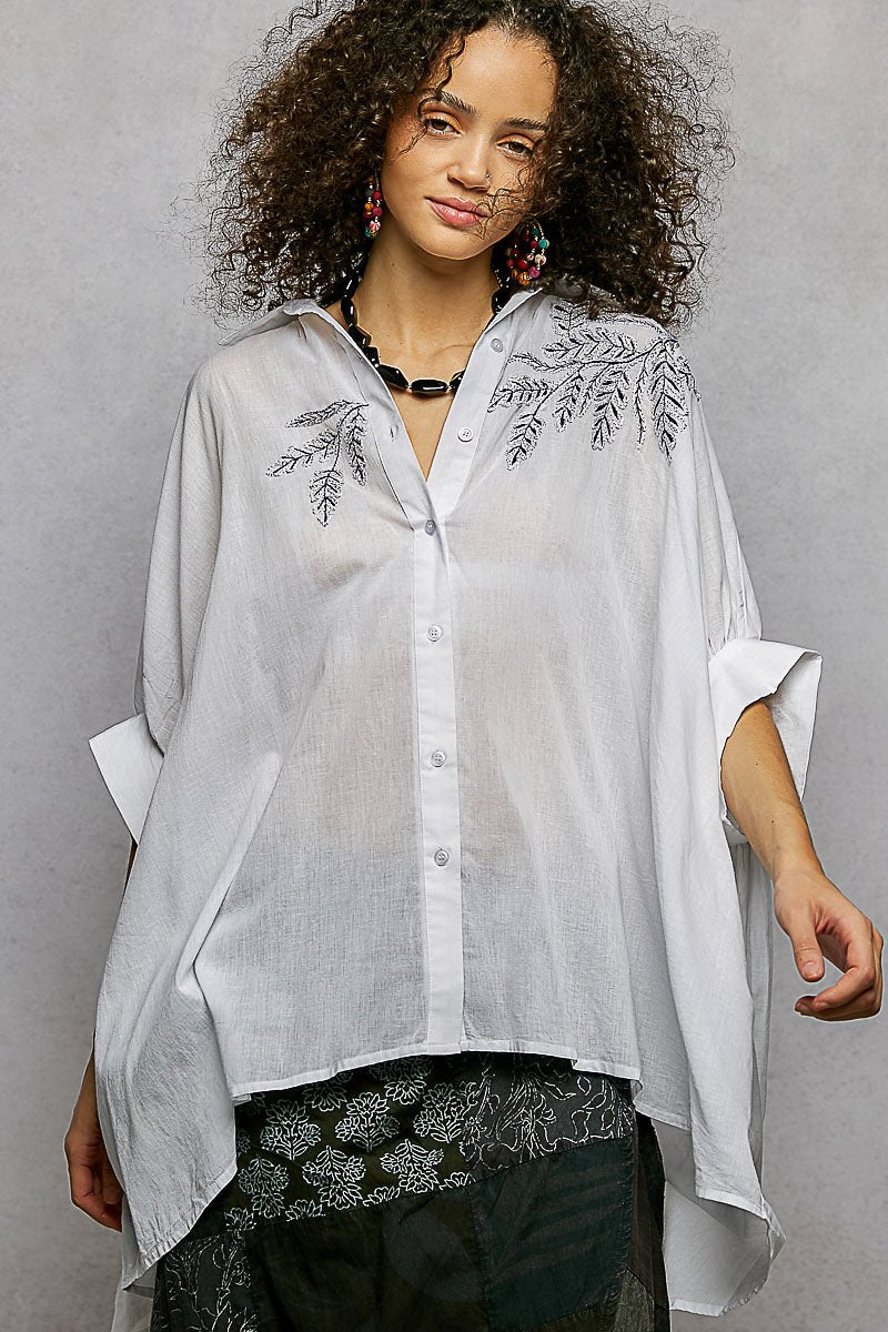 POL Button Down Embroidered Floral High - Low Hem Shirt - Bitsy Gypsy Boutique