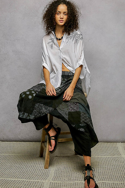 POL Button Down Embroidered Floral High - Low Hem Shirt - Bitsy Gypsy Boutique