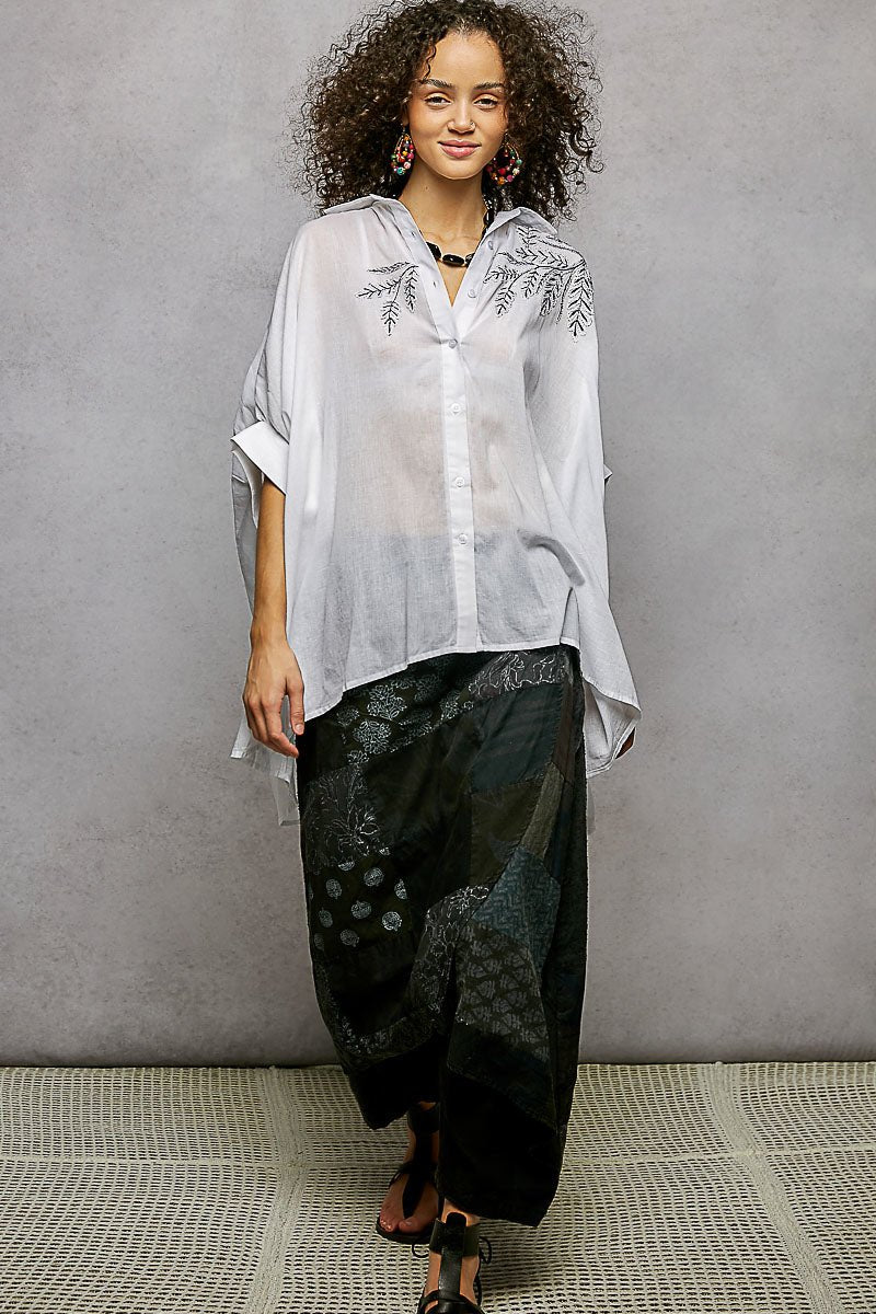 POL Button Down Embroidered Floral High - Low Hem Shirt - Bitsy Gypsy Boutique