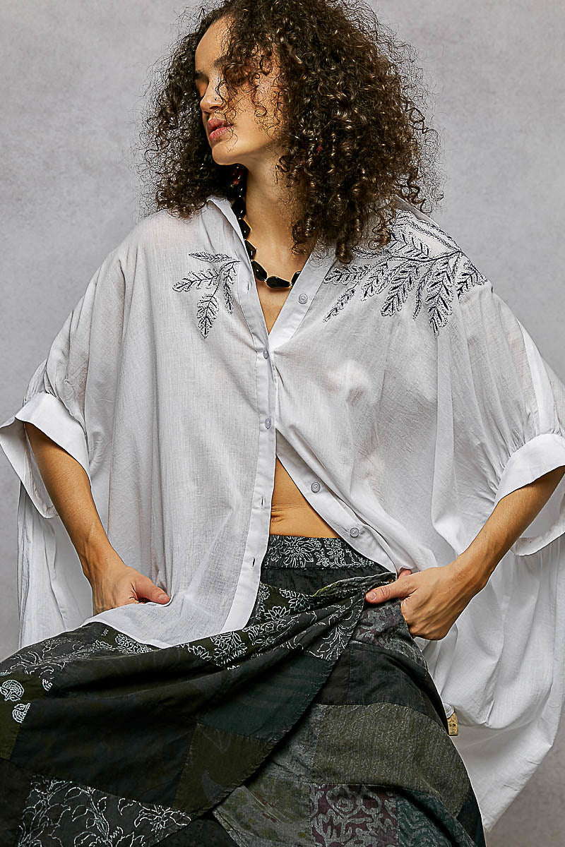 POL Button Down Embroidered Floral High - Low Hem Shirt - Bitsy Gypsy Boutique