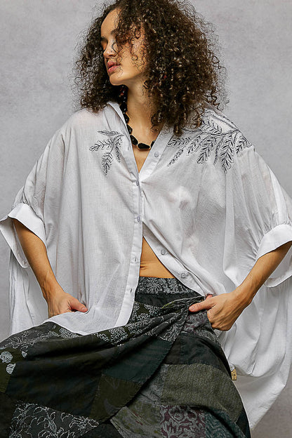 POL Button Down Embroidered Floral High - Low Hem Shirt - Bitsy Gypsy Boutique