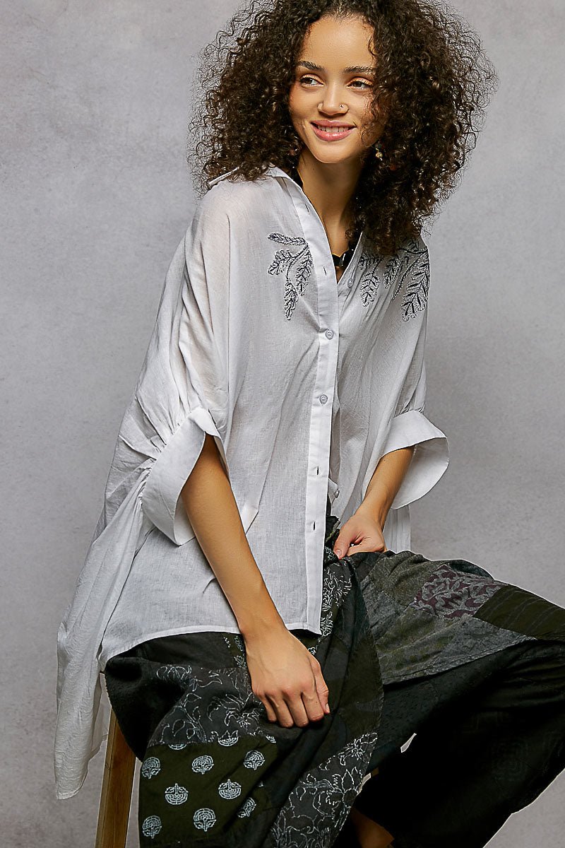 POL Button Down Embroidered Floral High - Low Hem Shirt - Bitsy Gypsy Boutique