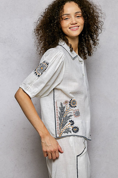 POL Button Down Embroidered Floral Short Sleeve Shirt - Bitsy Gypsy Boutique