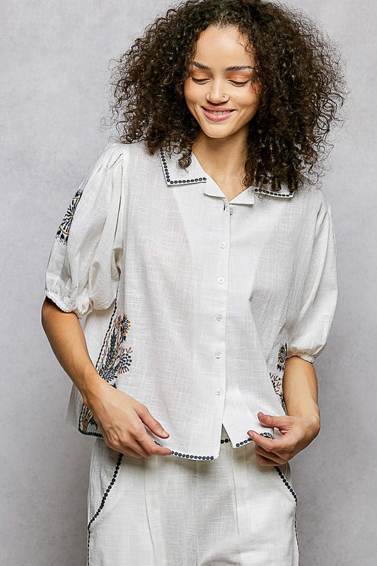 POL Button Down Embroidered Floral Short Sleeve Shirt - Bitsy Gypsy Boutique