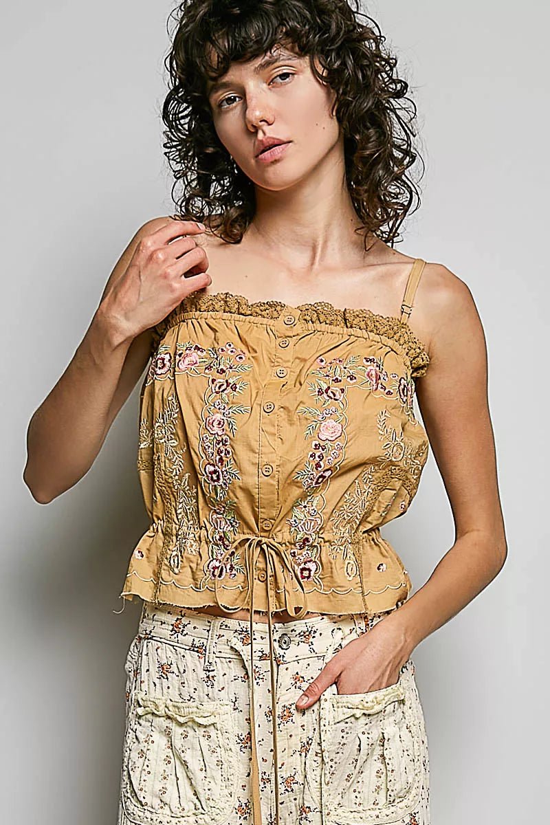 POL Button Down Floral Embroidered Cropped Cami with Lace Detail - Bitsy Gypsy Boutique