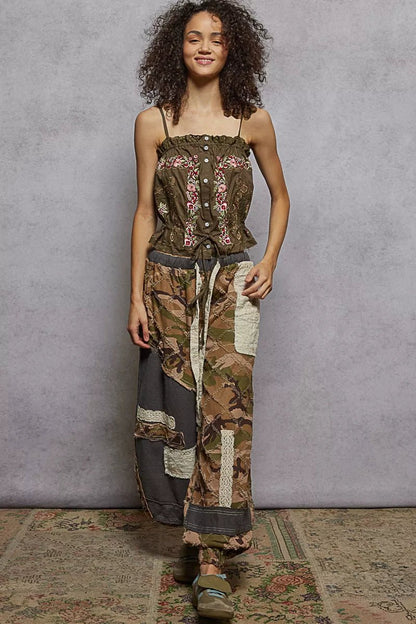 POL Button Down Floral Embroidered Cropped Cami with Lace Detail - Bitsy Gypsy Boutique