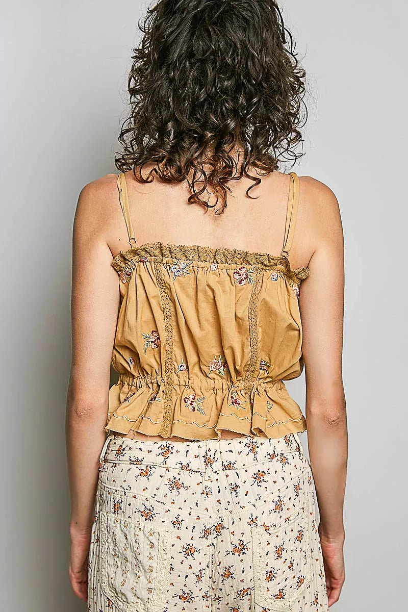 POL Button Down Floral Embroidered Cropped Cami with Lace Detail - Bitsy Gypsy Boutique