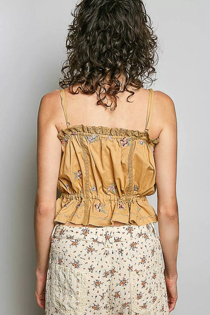 POL Button Down Floral Embroidered Cropped Cami with Lace Detail - Bitsy Gypsy Boutique