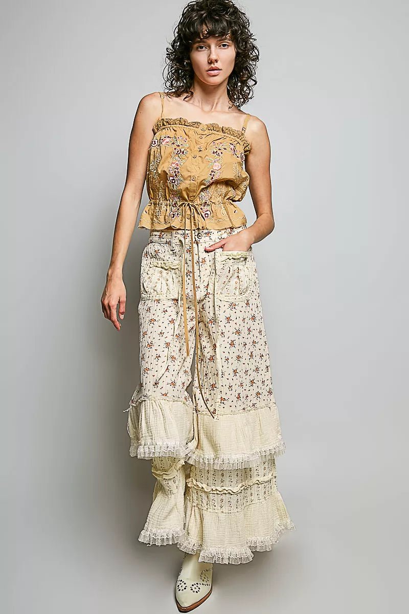 POL Button Down Floral Embroidered Cropped Cami with Lace Detail - Bitsy Gypsy Boutique