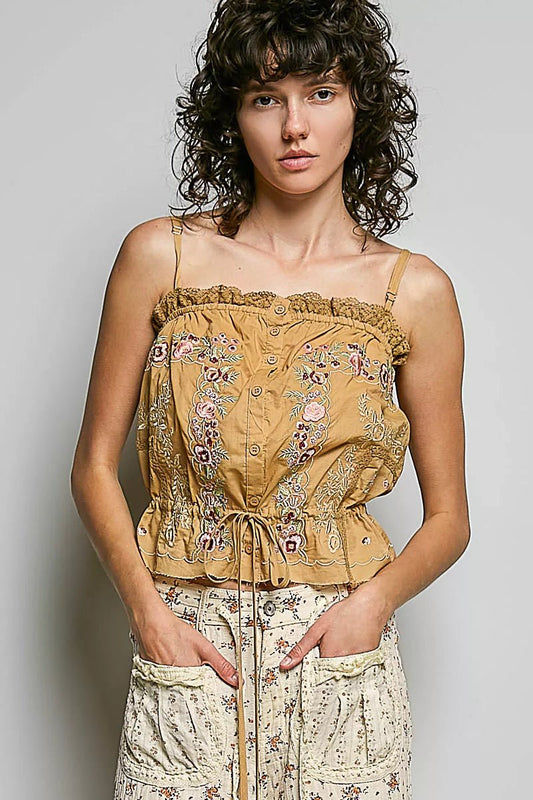 POL Button Down Floral Embroidered Cropped Cami with Lace Detail - Bitsy Gypsy Boutique