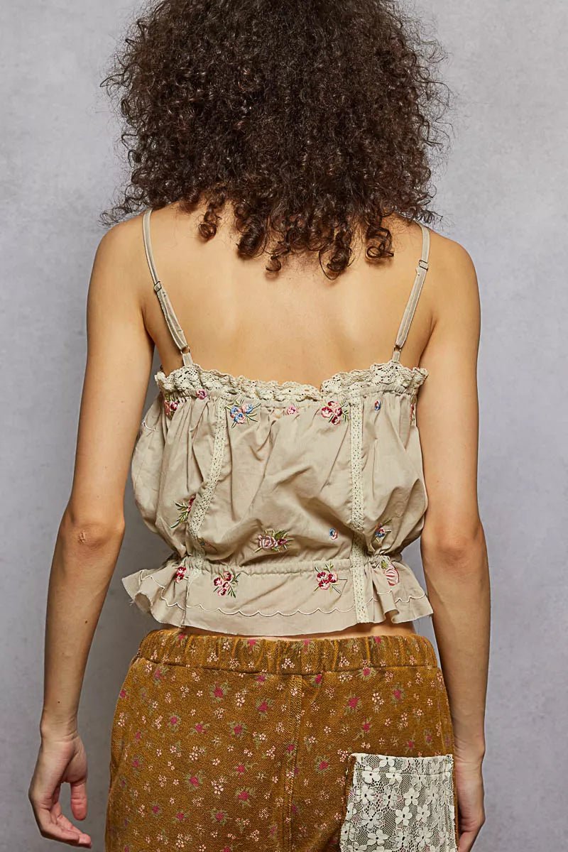 POL Button Down Floral Embroidered Cropped Cami with Lace Detail - Bitsy Gypsy Boutique