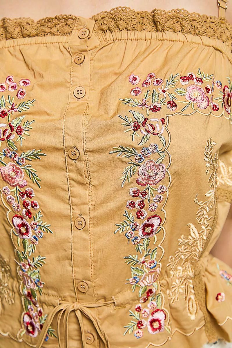 POL Button Down Floral Embroidered Cropped Cami with Lace Detail - Bitsy Gypsy Boutique