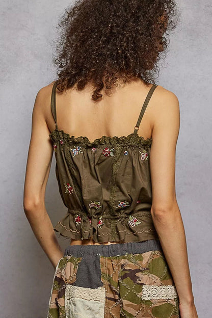 POL Button Down Floral Embroidered Cropped Cami with Lace Detail - Bitsy Gypsy Boutique
